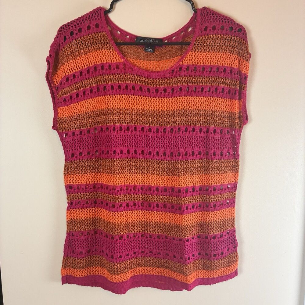 August Silk Women’s Crochet Pink Striped Summer Sweater Size Small